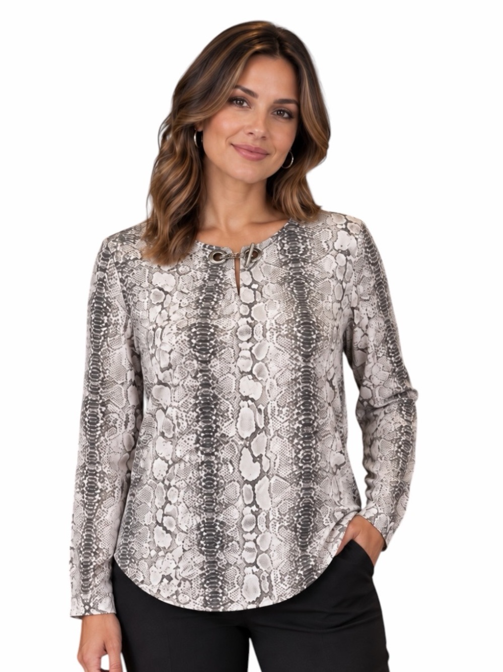 Tahari Medium Snakeskin Print Long Sleeve Stretch Blouse